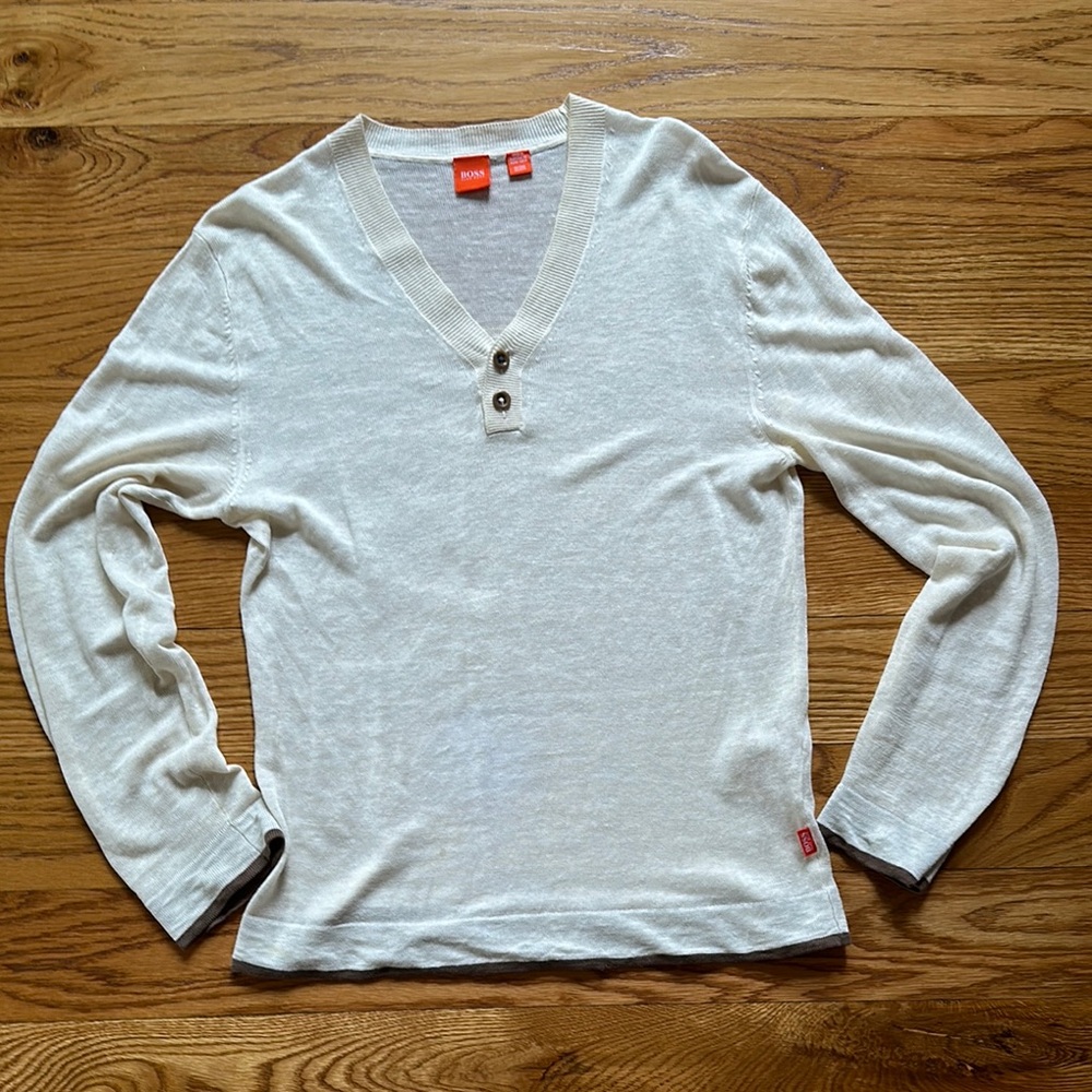 Hugo Noss Beige V-Neck Knit Sweater with Button Detail